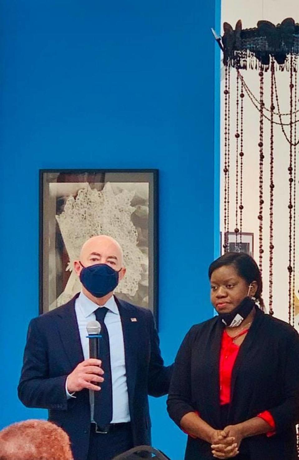 DHS Secretary Alejandro Mayorkas singles out Haitian community activist Guerline Jozef for her activism on the Temporary Protected Status designation for Haitians living in the U.S. during his unexpected visit in Little Haiti on Tuesday, May 25, 2021.