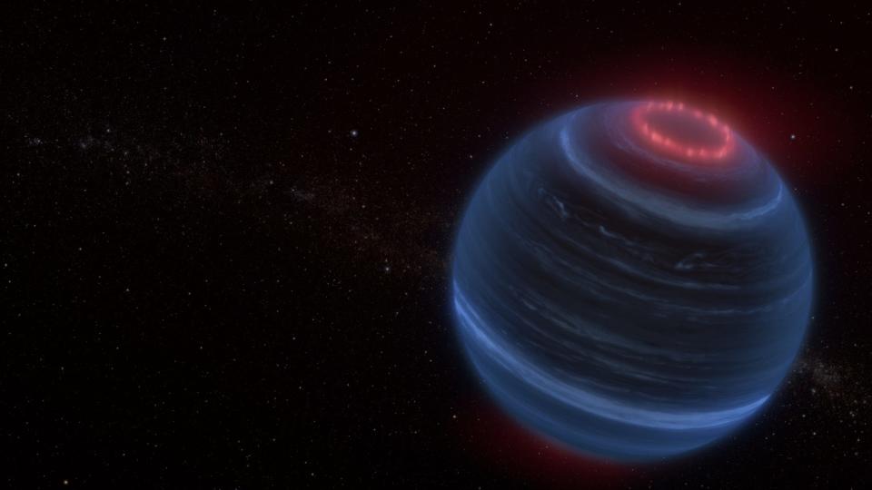 Illustration of a brown dwarf with red aurora at its north pole.