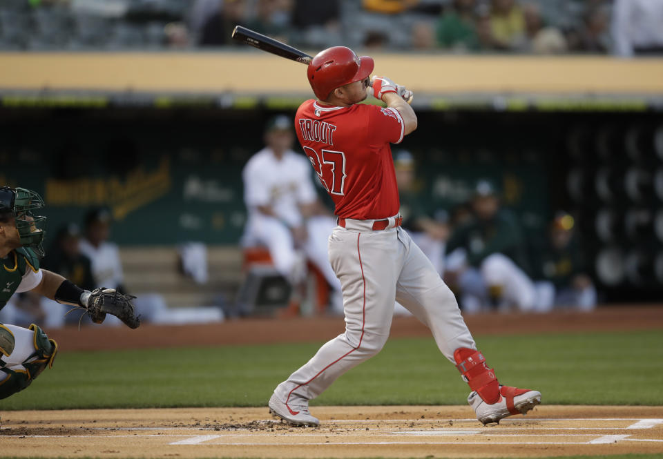 Los Angeles Angels' Mike Trout watches his home run off Oakland Athletics pitcher Mike Fiers during the first inning of a baseball game Tuesday, Sept. 3, 2019, in Oakland, Calif. (AP Photo/Ben Margot)