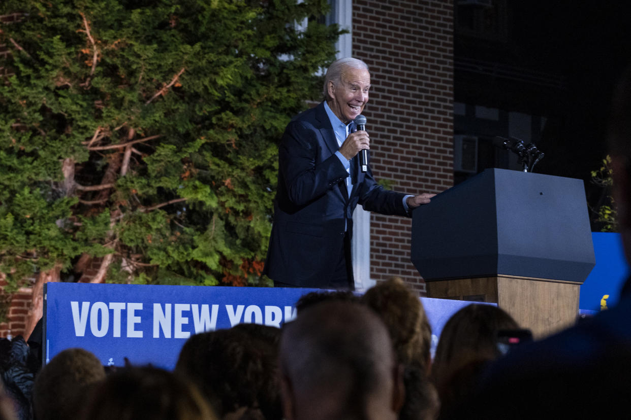 President Joe Biden speaks during a campaign event where he joined New York Gov. Kathy Hochul at Sarah Lawrence College in Yonkers, N.Y., Sunday, Nov. 6, 2022. (AP Photo/Craig Ruttle)