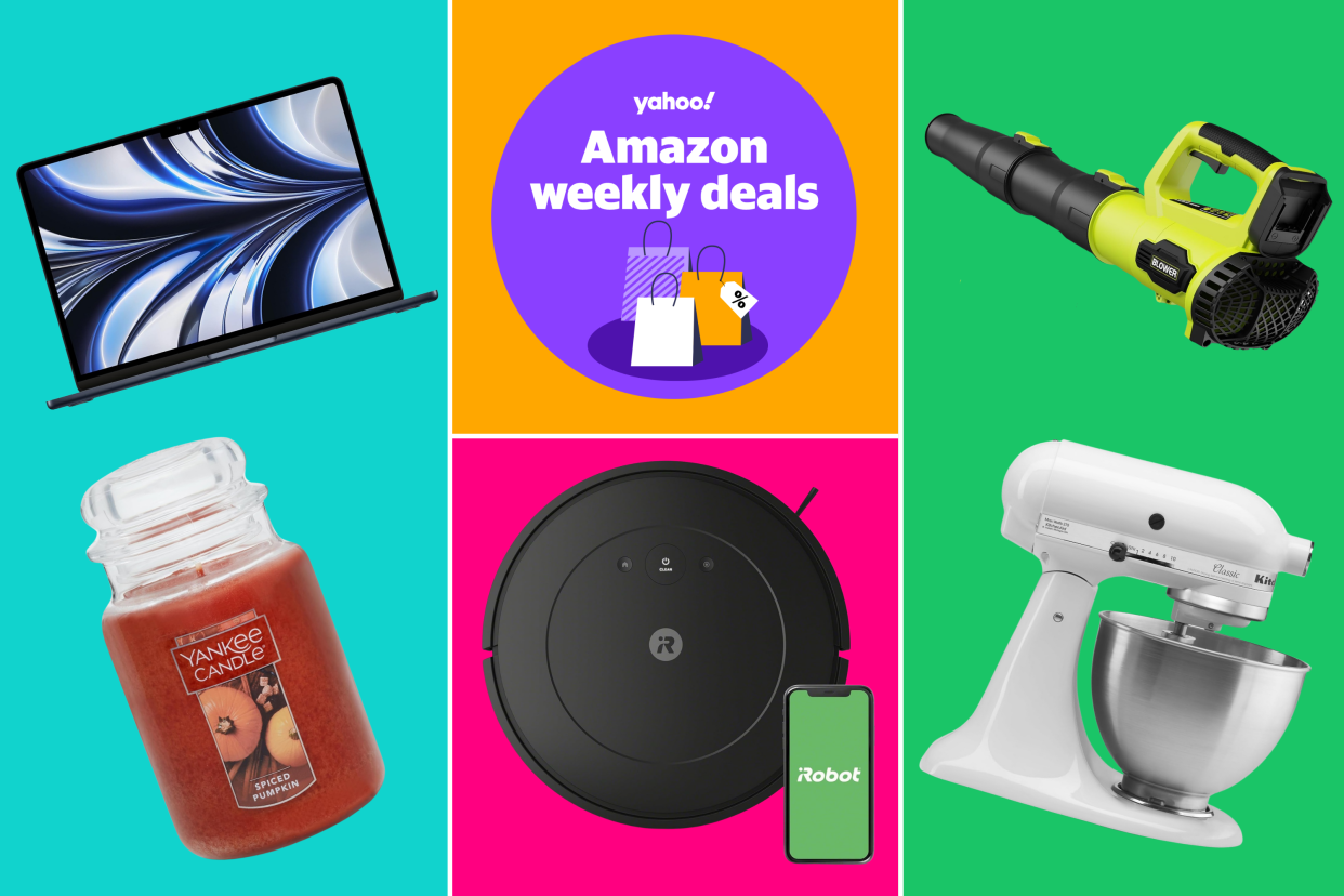 MacBook Air, Yankee Candle, iRobot Roomba, leaf blower, KitchenAid stand mixer and a badge that reads: Yahoo! Amazon weekly deals