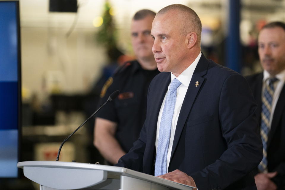 ATF Special Agent in Charge, Eric DeGree, speaks to the media at a press conference regarding Project 24K a joint investigation into the theft of gold from Pearson International Airport, in Brampton, Ontario, on Wednesday, April 17, 2024. (Arlyn McAdorey/The Canadian Press via AP)