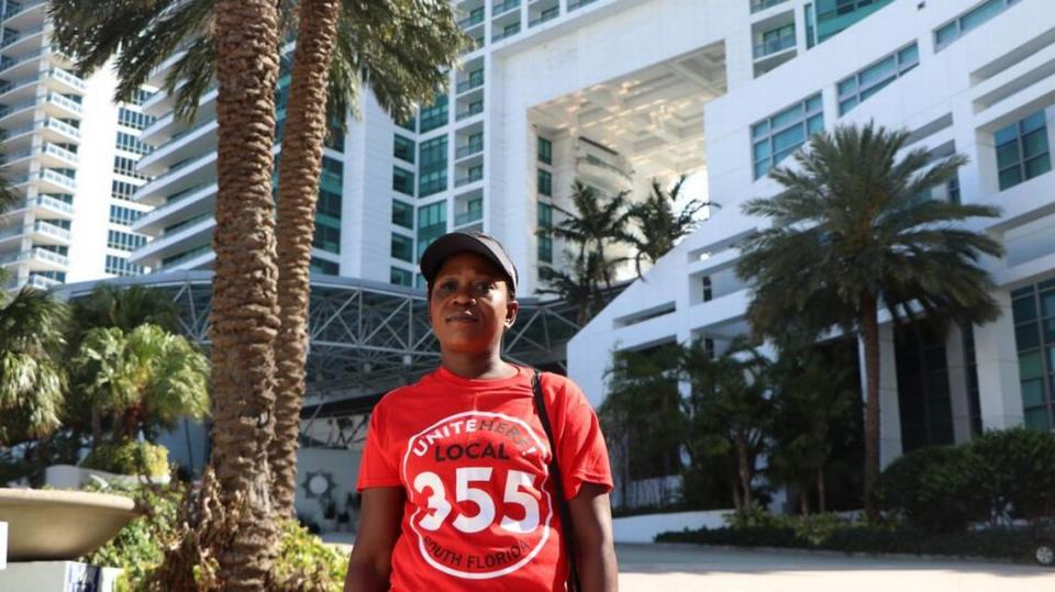 Antoinette Clerisier, a 47-year-old Haitian immigrant, in front of The Diplomat Hotel in Hollywood on March 25, 2021.