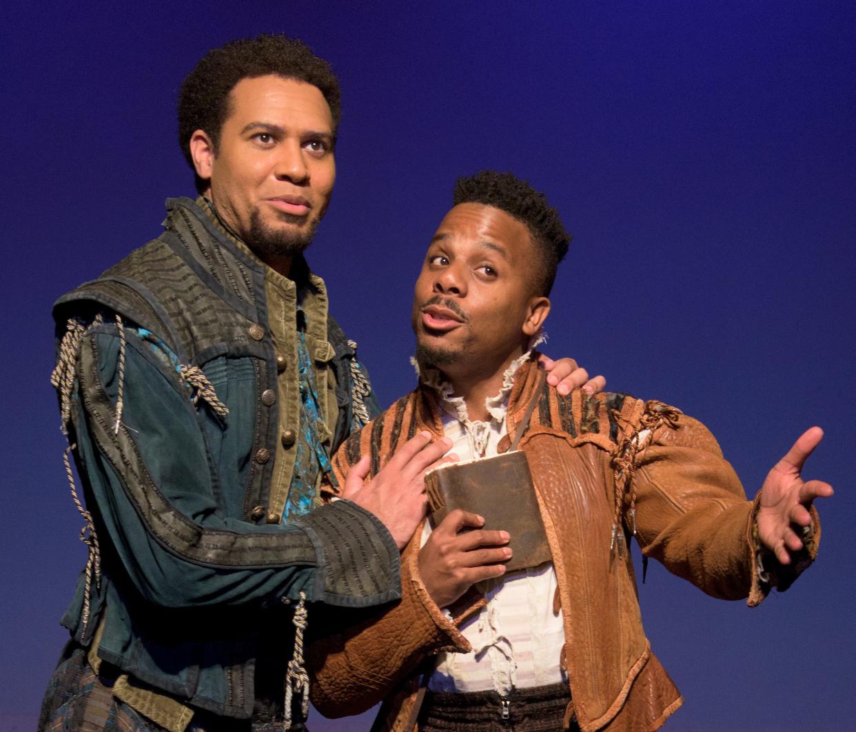 Cordell Cole, left, and Cornelius Davis play brothers who write plays together and compete for attention with William Shakespeare in the musical “Something Rotten” at Florida Studio Theatre.