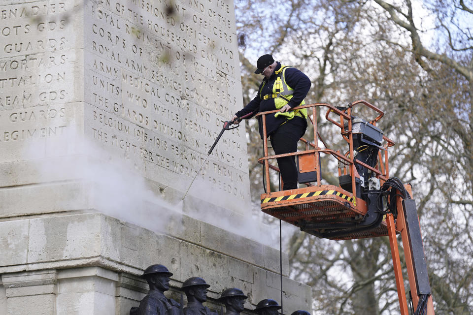 A monument is cleaned near Horse Guards Parade, London, April 13.<span class="copyright">PA Images/AP</span>