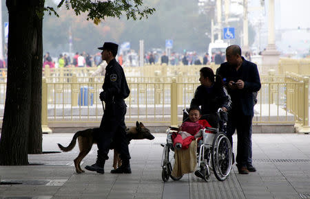 A police dog works next to Tiananmen Square on the first day of a plenary session of the 18th Central Committee of the Communist Party of China (CPC), in Beijing, China, October 24, 2016. REUTERS/Jason Lee