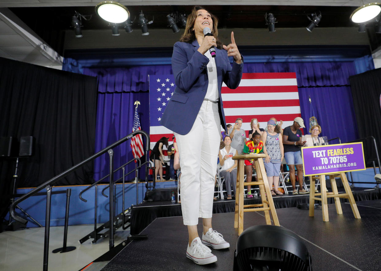 Kamala Harris speaks during a campaign stop in Somersworth, N.H. (Photo: Reuters/Brian Snyder)