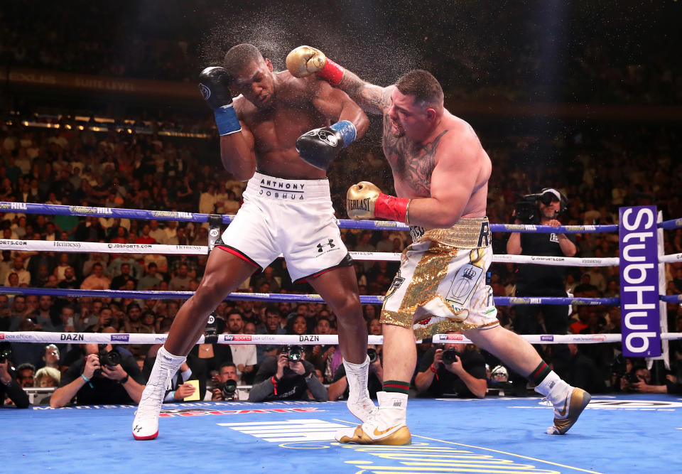 Anthony Joshua (left) in action against Andy Ruiz Jr in the WBA, IBF, WBO and IBO Heavyweight World Championships title fight at Madison Square Garden, New York. (Photo by Nick Potts/PA Images via Getty Images)