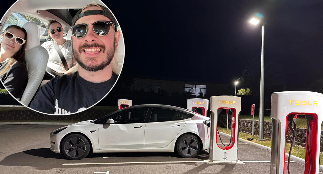 JJ's Tesla at an EV charging station during his road trip from Melbourne to Magnetic Island. Inset is JJ driving his Tesla with two female friends inside. 