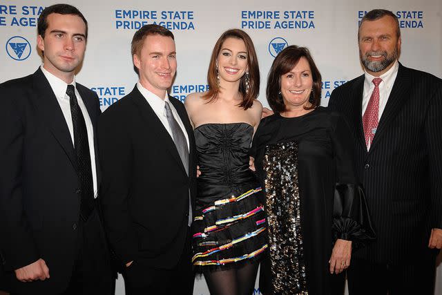 <p>Jamie McCarthy/WireImage</p> Thomas Hathaway, Michael Hathaway, Anne Hathaway, Kate Hathaway and Gerald "Jerry" Hathaway attend the 18th Annual Empire State Pride Agenda Fall Dinner on October 22, 2009 in New York City.