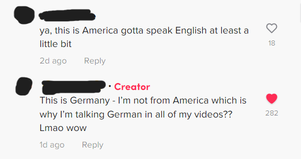 Person who says this is America, speak English, and someone says they're in Germany