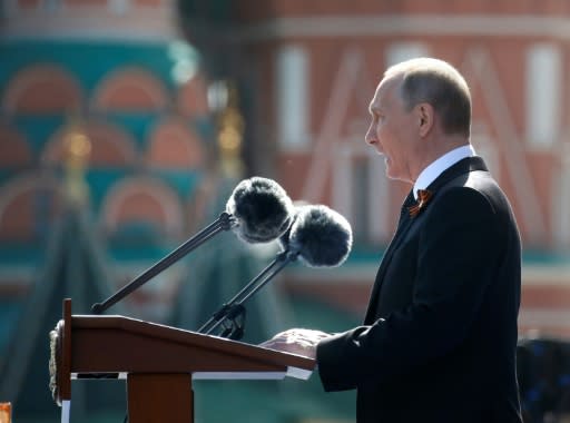 Russian President Vladimir Putin addresses the Victory Day military parade in Moscow's Red Square on the anniversary of the defeat of Nazi Germany in 1945