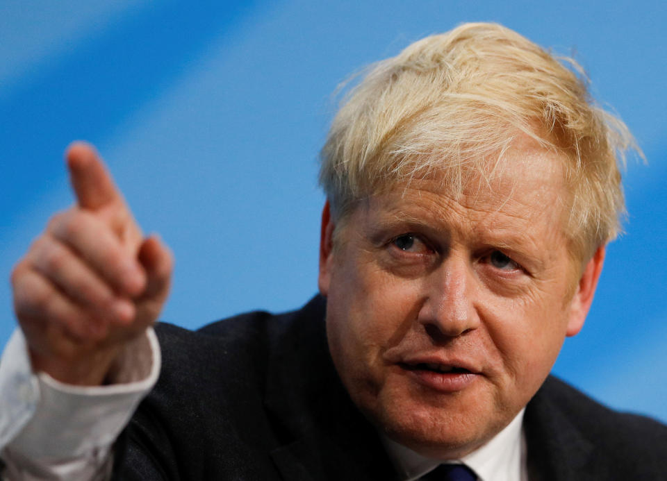 Boris Johnson, a leadership candidate for Britain's Conservative Party, gestures during a hustings event in London, Britain July 17, 2019. REUTERS/Peter Nicholls