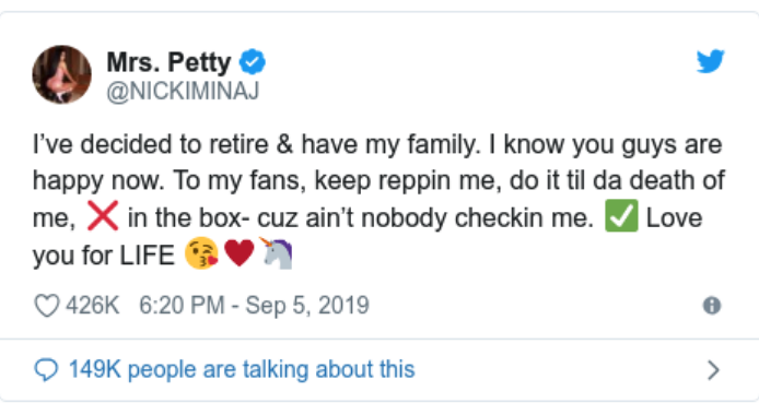 Minaj retirement tweet
