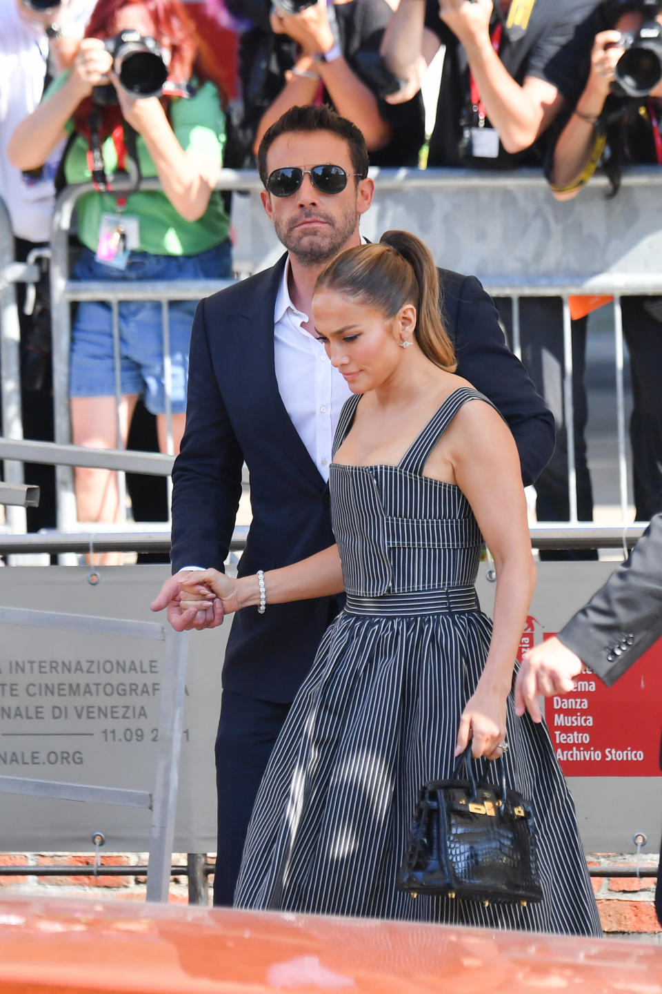 Ben Affleck and Jennifer Lopez arrive at the 78th Venice International Film Festival on September 10, 2021 in Venice, Italy. 