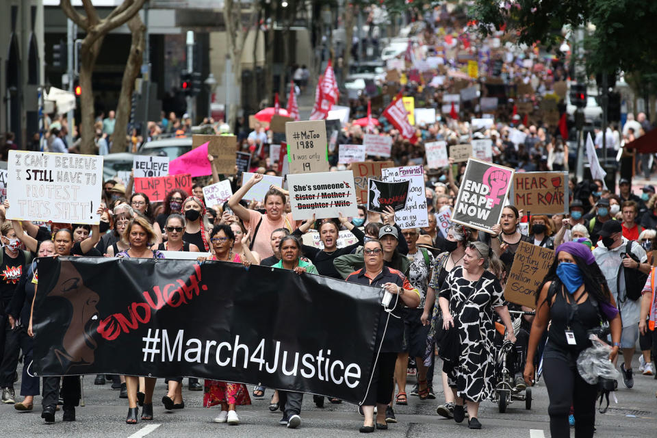 “March 4 Justice” rallies across Australia called for action against gendered violence in Parliament as news of the alleged rape of former Brittany Higgins at Parliament House and allegations that Attorney-General Christian Porter raped a 16-year-old gear when he was 17 in 1988 continue to cause outrage. Source: Getty Images