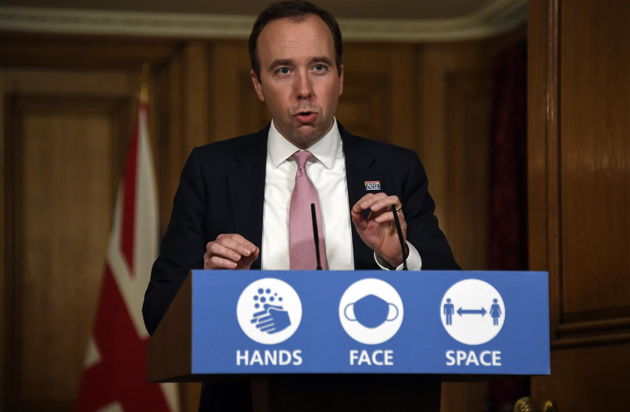 Health Secretary Matt Hancock during a media briefing on coronavirus (COVID-19) in Downing Street, London.