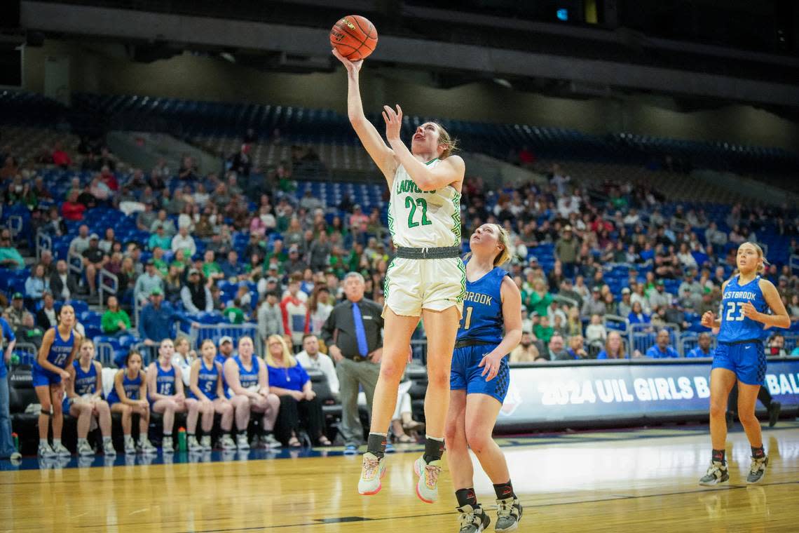Newcastle’s Mattie Dollar goes up for two of her game-high 32 points in a 59-37 win over Westbrook in a Class 1A state semifinal on Thursday, February 29, 2024 at the Alamodome in San Antonio, Texas. Whitney Magness/University Interscholastic League