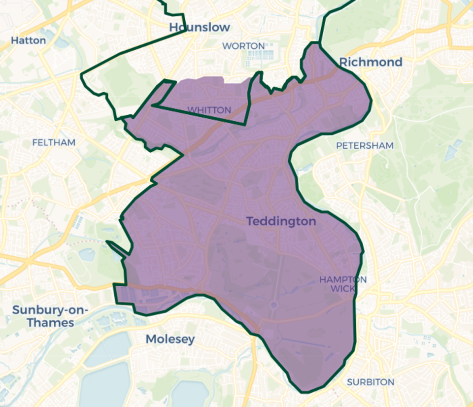 Twickenham constituency map: Purple shaded area current constituency boundary. Green outlines new constituency boundaries (© OpenStreetMap contributors | © CARTO)