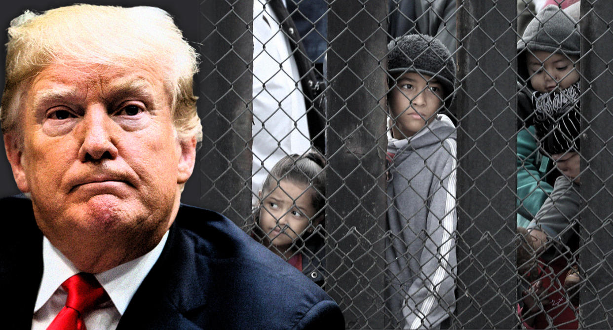 Donald Trump; migrants waiting to request asylum request at the U.S.- Mexico border. (Photo illustration: Yahoo News; photos: AP, Lucy Nicholson/Reuters)