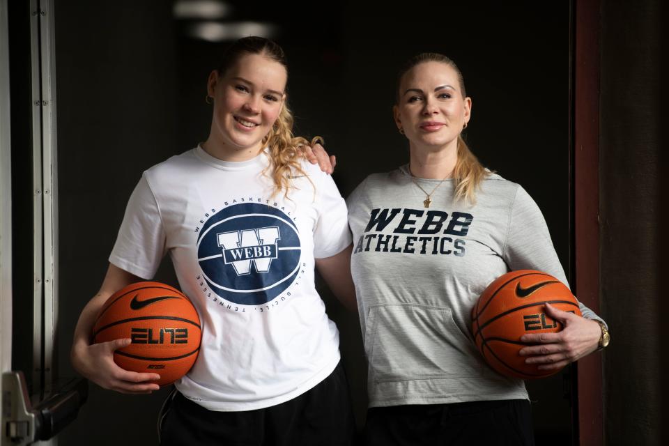 Dasha Biriuk and her mom stand together at Webb School in Bell Buckle, Tenn., Wednesday, Jan. 31, 2024. Their family left Ukraine amid the Russian invasion and Dasha is now a basketball standout at Webb School.