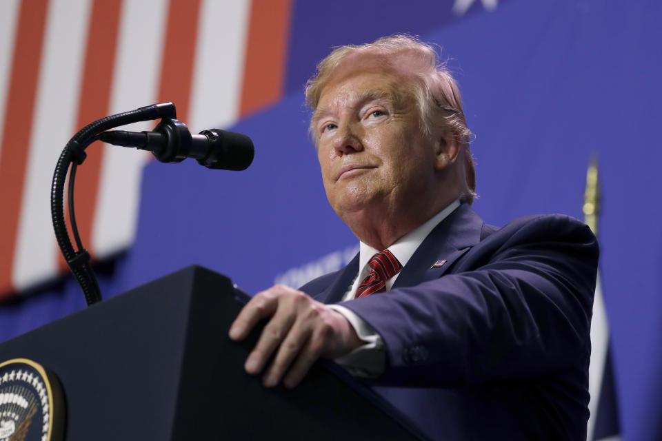 President Donald Trump speaks during an event with Australian Prime Minister Scott Morrison at Pratt Industries, Sunday, Sept 22, 2019, in Wapakoneta, Ohio. (AP Photo/Evan Vucci)