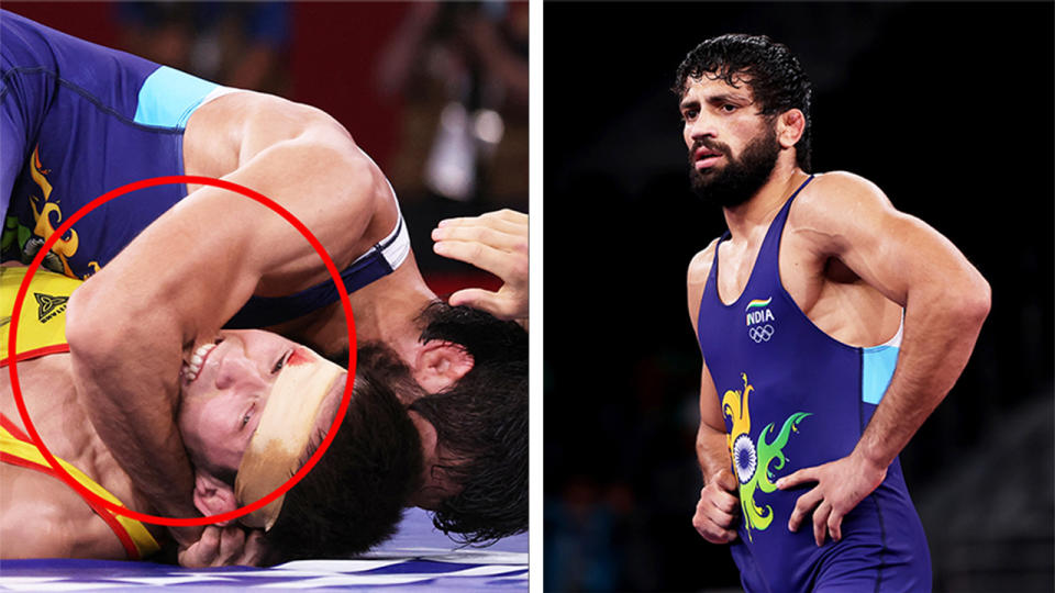 Kumar Ravi (pictured right) after a match at the Olympics and (pictured left) his opponent Nurislam Sanayev biting him during the match.