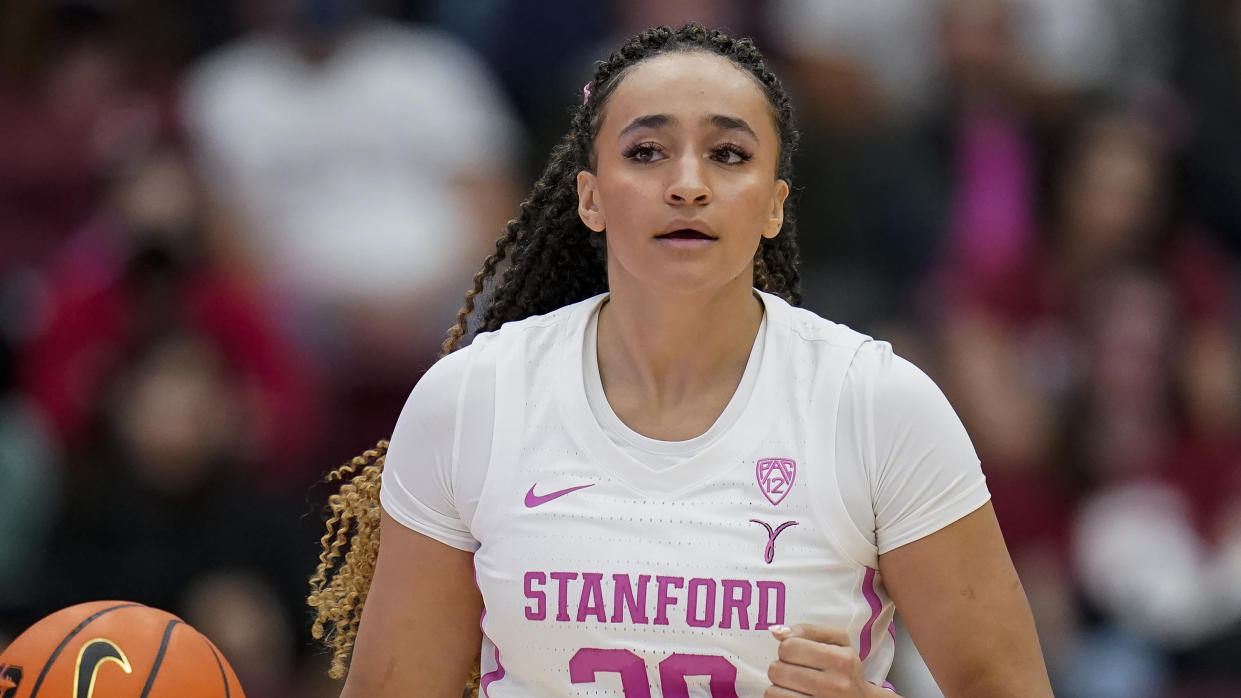 Stanford guard Haley Jones against USC during a Pac-12 game on Feb. 17, 2023. (AP Photo/Godofredo A. Vásquez)