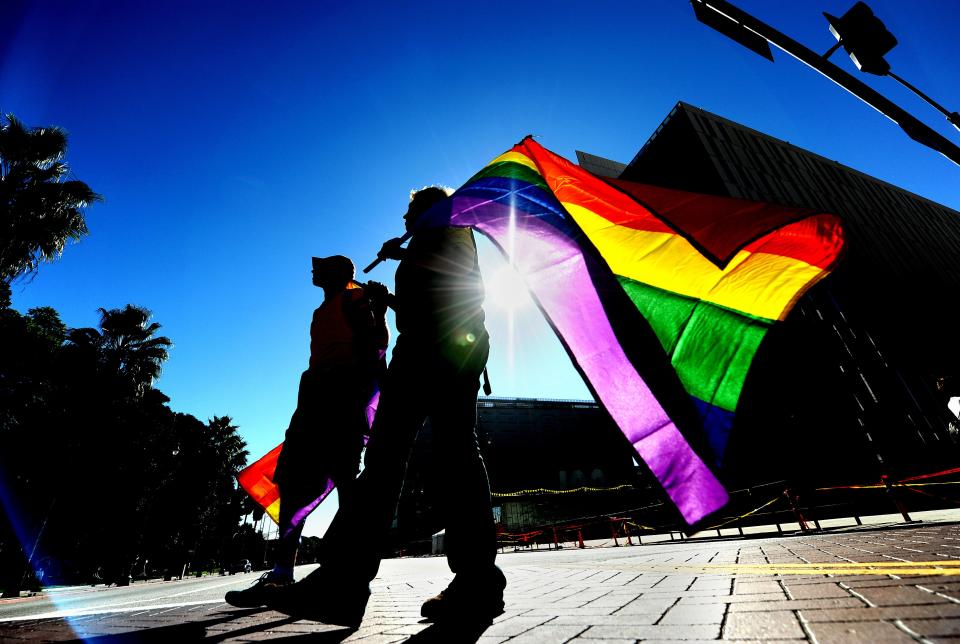 Protesters take part in a demonstration against a same-sex marriage ban in Los Angeles on November 15, 2008.