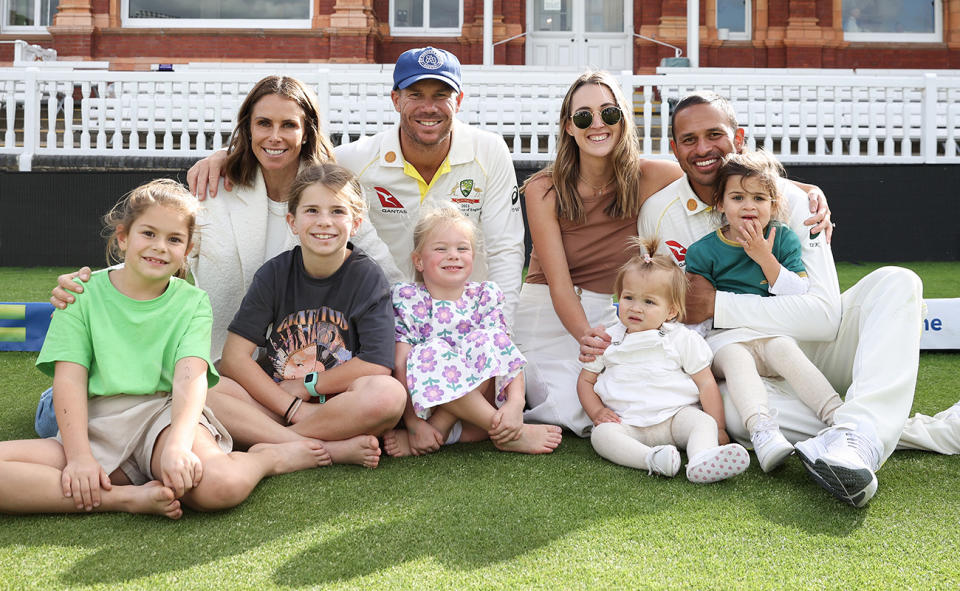 David Warner and Usman Khawaja, pictured here with their wives and children after the second Ashes Test. 