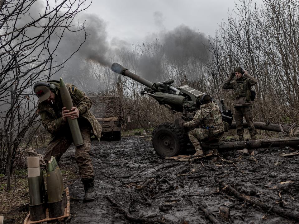 Ukrainian soldiers of Da Vinci Wolves Battalion firing artillery in the direction of Bakhmut, April 3, 2023.