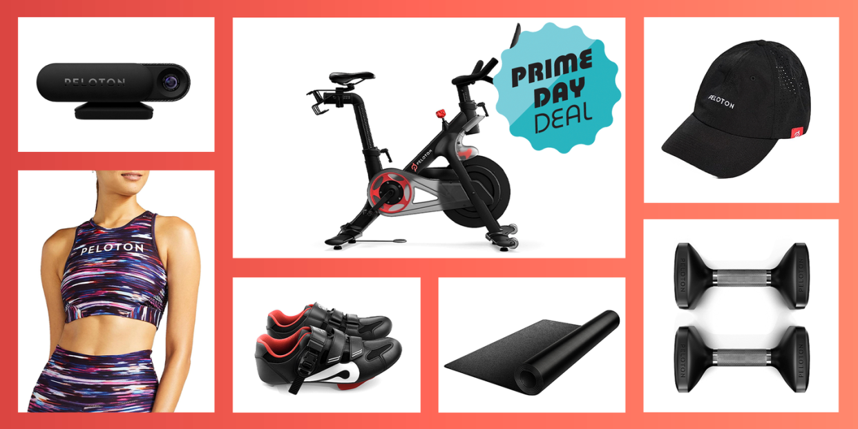 peloton camera, bike, hat, weights, mat, shoes, sports bra, prime day deal