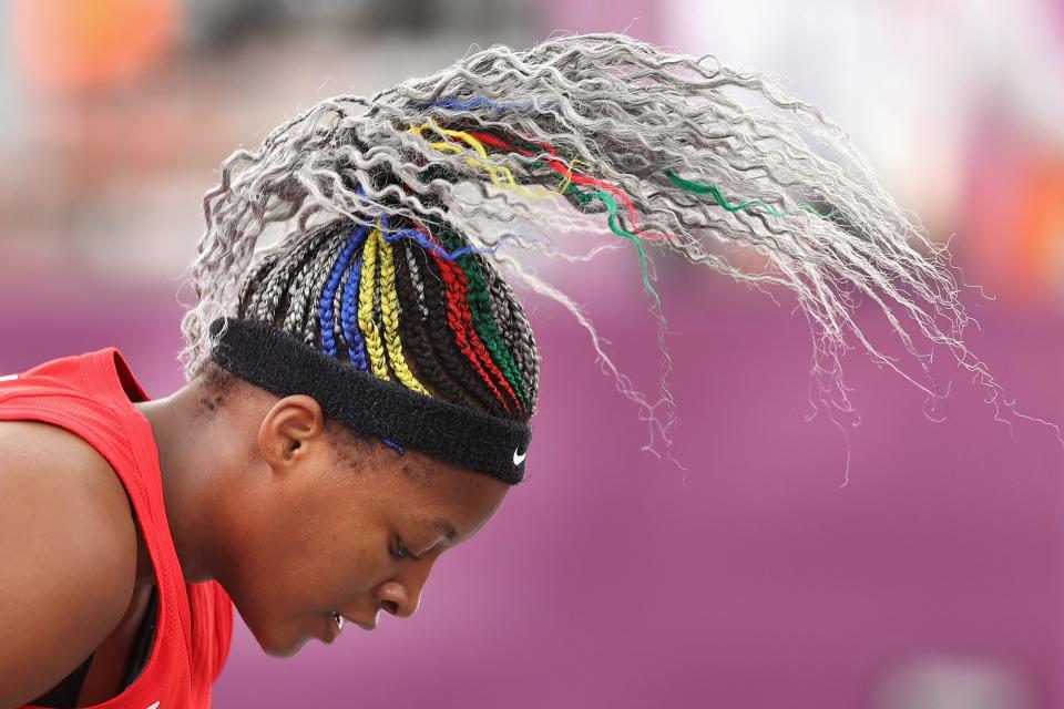 A detail shot of the hair of Stephanie Mawuli of Team Japan in the 3x3 Basketball competition on day four of the Tokyo 2020 Olympic Games at Aomi Urban Sports Park on July 27, 2021 in Tokyo, Japan.