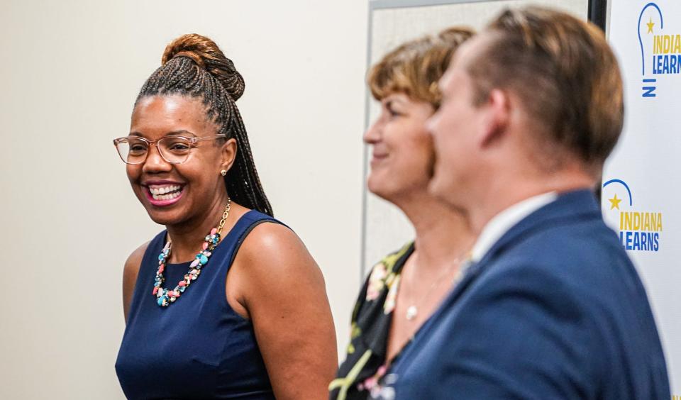  Aleesia Johnson, the Superintendent for Indianapolis Public Schools, attends an Indiana Department of Education press conference announcing the Indian Learns program on Wednesday, Aug. 24, 2022, at the Decatur Early Learning Center, Blue & Gold Academy in Indianapolis. The program offers $500-$1000 for high-dosage tutoring to students who qualify. 