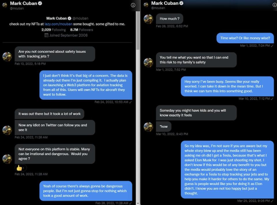 DMs between Jack Sweeney and Mark Cuban