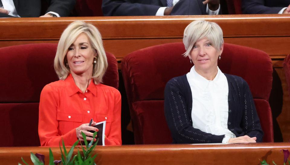 President Emily Belle Freeman, Young Women General President, and Sister Tamara W. Runia, First Counselor, are seated prior to the193rd Semiannual General Conference of The Church of Jesus Christ of Latter-day Saints at the conference center in Salt Lake City on Saturday, Sept. 30, 2023. | Jeffrey D. Allred, Deseret News