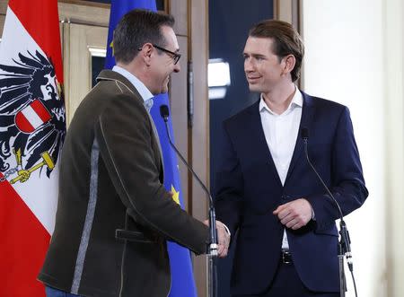 Head of the Freedom Party (FPOe) Heinz-Christian Strache (L) and head of the People's Party (OeVP) Sebastian Kurz shake hands at the end of a news conference in Vienna, Austria, December 15, 2017. REUTERS/Leonhard Foeger