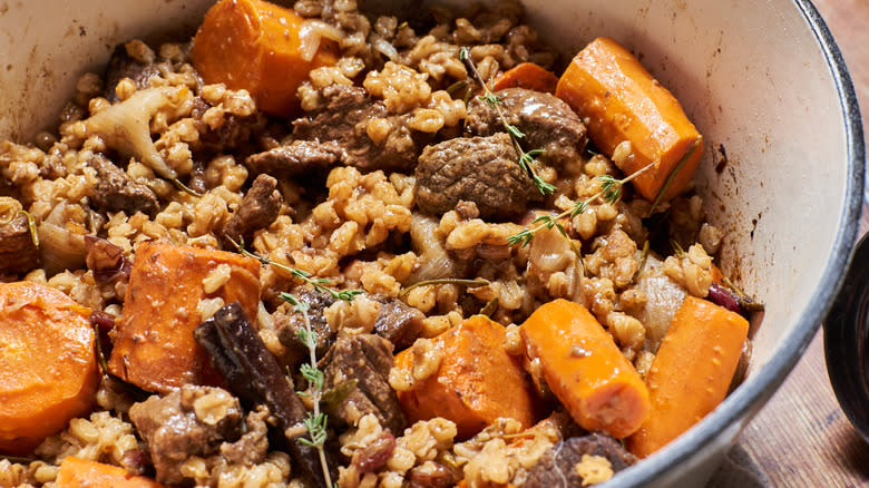 pot of beef stew with thyme