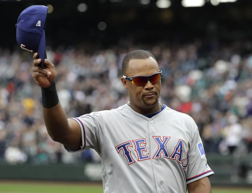 FILE - Adrian Beltre tips his cap as he walks off the field during the fifth inning of a baseball game against the Seattle Mariners, in Seattle, Sept. 30, 2018. Beltré could soon be a first-ballot baseball Hall of Fame third baseman. He is among 12 first-timers in consideration for the Class of 2024 that will be revealed Jan. 23.(AP Photo/Ted S. Warren, File)