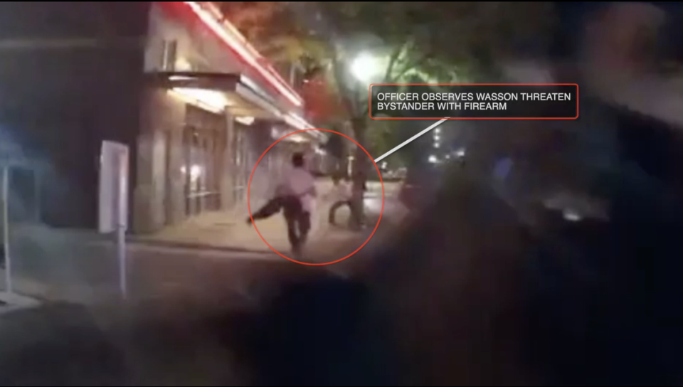 A screenshot of body-camera footage released by the Boise Police Department which showed the fatal shooting of Payton Wasson. The 22-year-old ran away from Boise officers with a gun after they attempted to stop him and in the footage, police alleged he threatened a bystander, but the video is unclear.