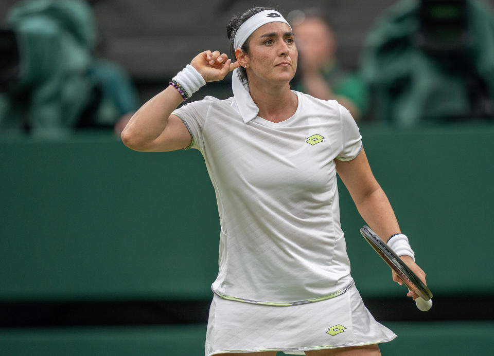 Tunisia&#39;s Ons Jabeur encourages the crowd during her semi-final match against Aryna Sabalenka, she now plays Marketa Vondrousova in Saturday&#39;s final (Reuters via Beat Media Group subscription) 