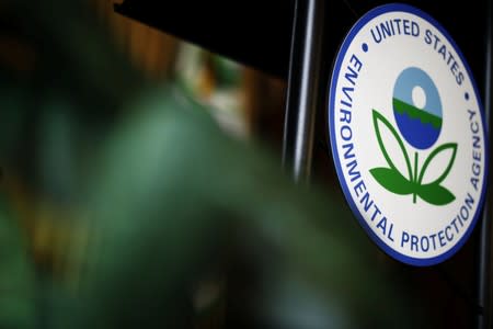 FILE PHOTO: The U.S. Environmental Protection Agency (EPA) sign is seen on the podium at EPA headquarters in Washington