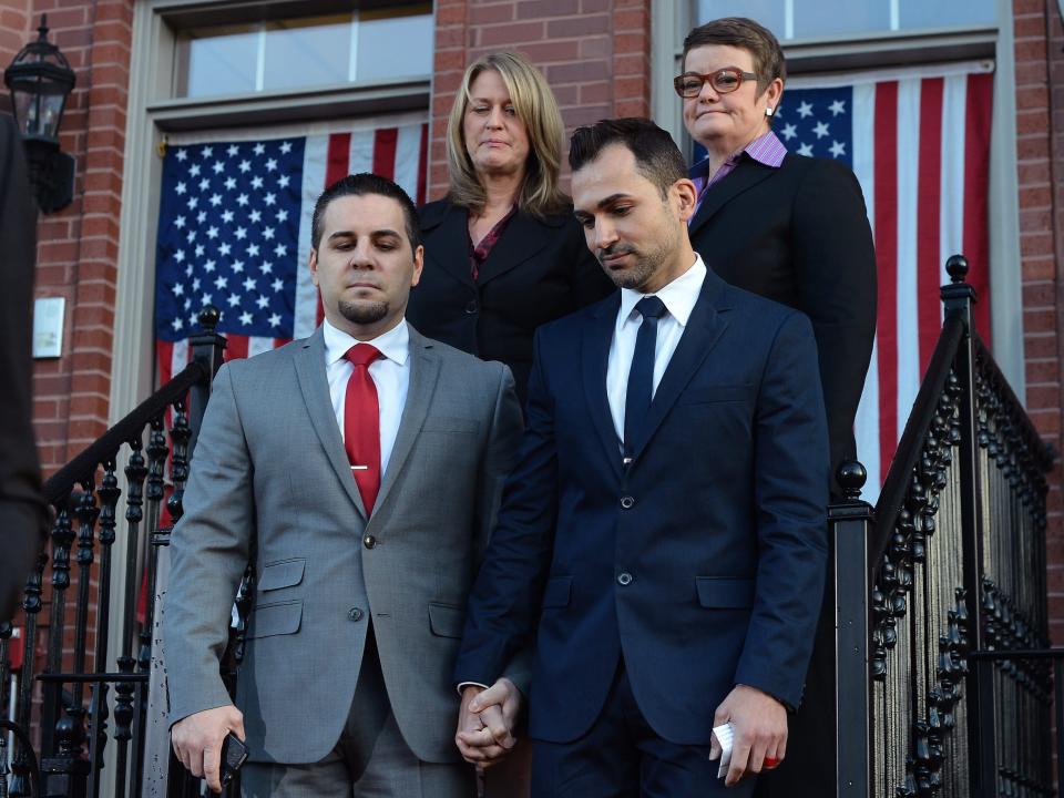 Hollingsworth v. Perry Plaintiffs Kris Perry and Sandy Stier (back) and Paul Katami and Jeff Zarrillo