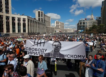 People attend a rally organised by Union of Journalists in support of the investigative journalist Ivan Golunov in Moscow