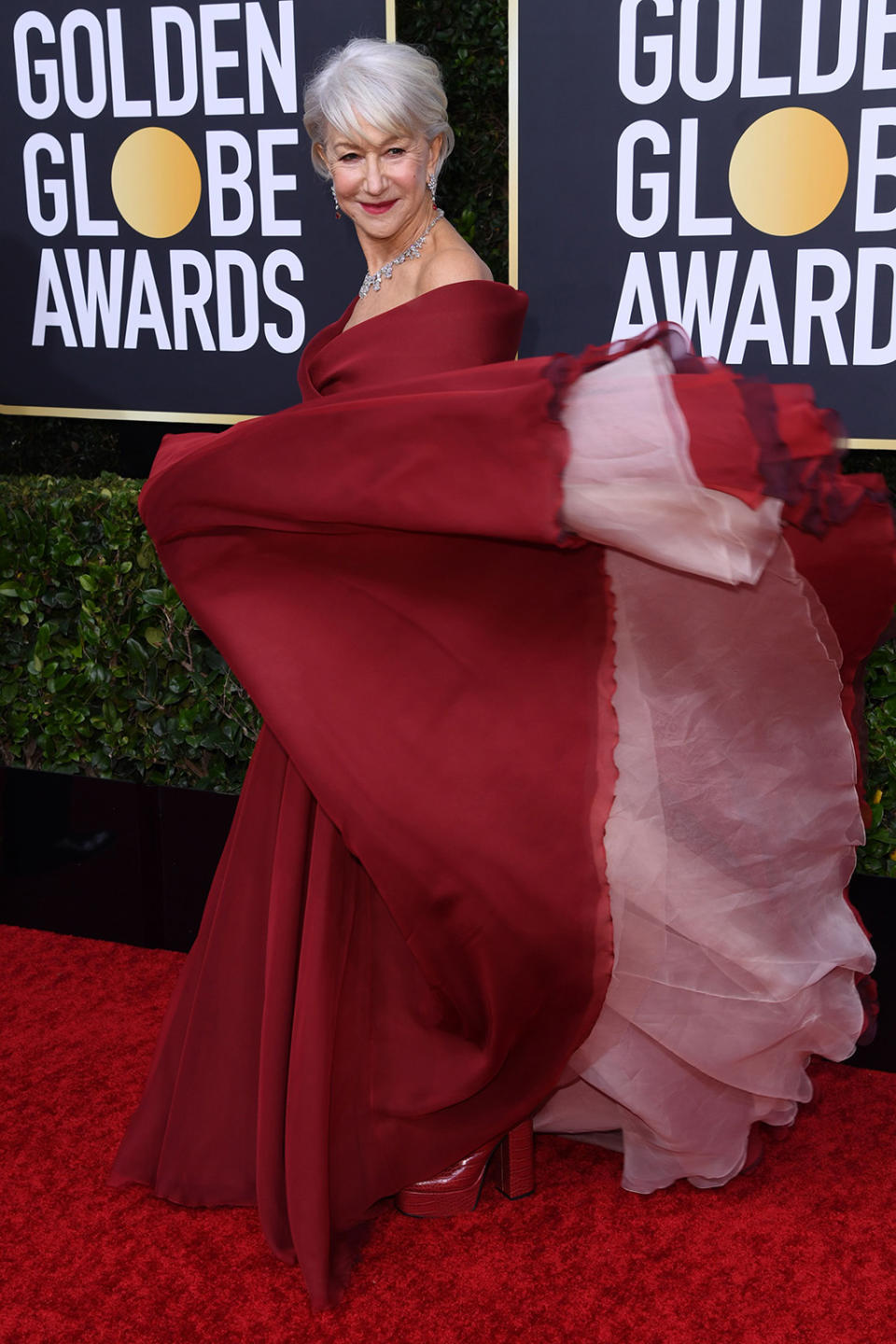 Helen Mirren, red carpet, red dress, dior gown, aldo boots, platforms, 77th Annual Golden Globe Awards, Arrivals, Los Angeles, USA - 05 Jan 2020Wearing Dior, Custom