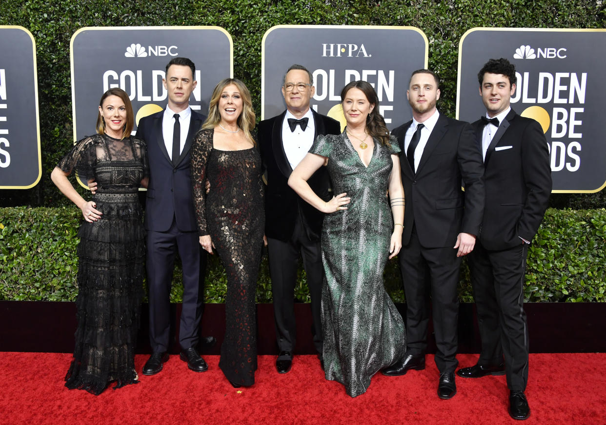 BEVERLY HILLS, CALIFORNIA - JANUARY 05: (L-R) Samantha Bryant, Colin Hanks, Rita Wilson, Tom Hanks, Elizabeth Ann Hanks, Chet Hanks, and Truman Theodore Hanks attend the 77th Annual Golden Globe Awards at The Beverly Hilton Hotel on January 05, 2020 in Beverly Hills, California. (Photo by Frazer Harrison/Getty Images)