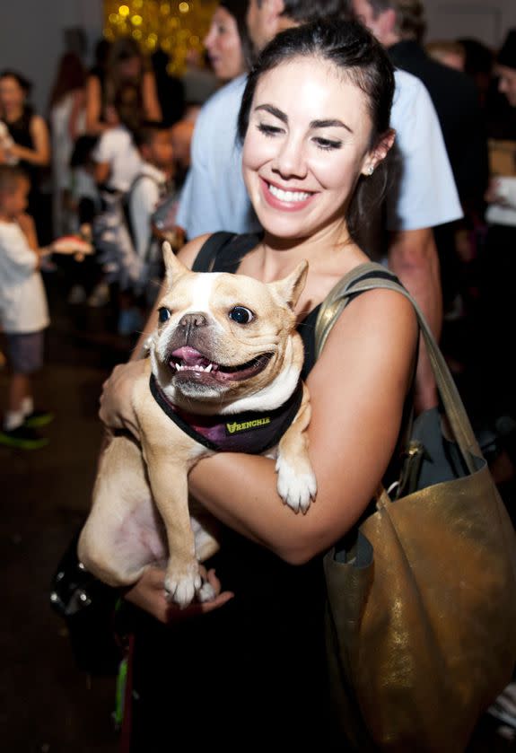 Chloe The Mini Frenchie and owner Loni attend Paul Frank Industries Kid's Show at Hudson Mercantile on September 10, 2015 in New York City.