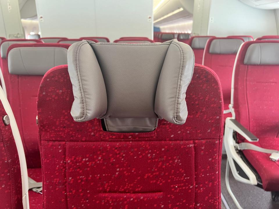 An adjustable headrest in economy class on an Air India A350 at the Farnborough Airshow.