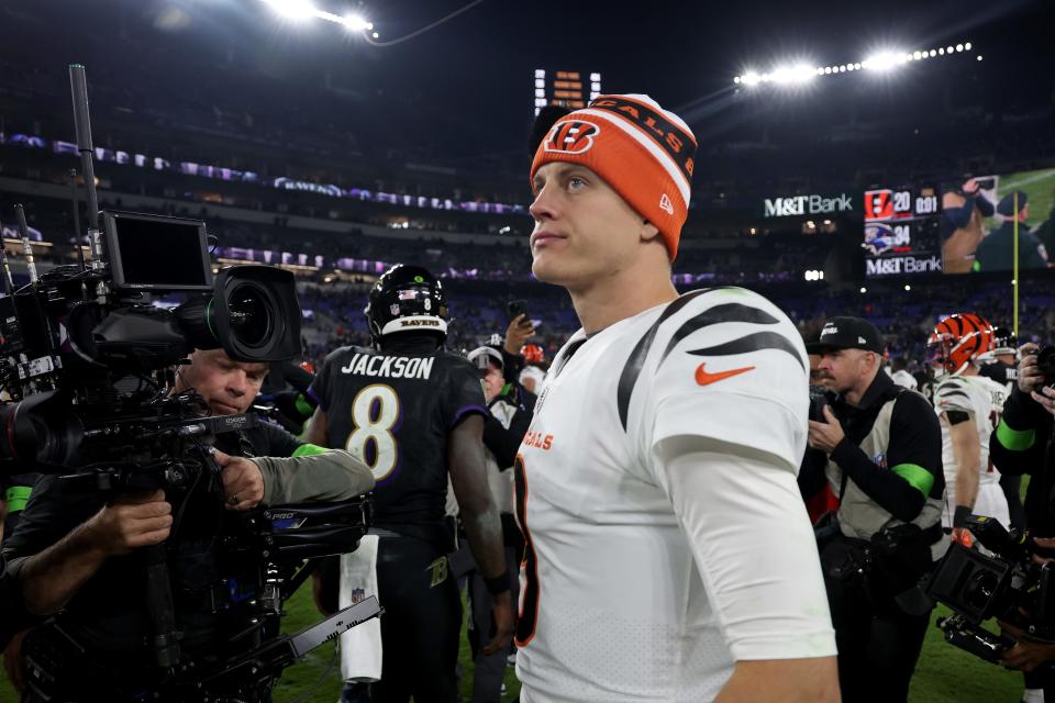 Joe Burrow #9 of the Cincinnati Bengals reacts after being defeated by the Baltimore Ravens in the game at M&T Bank Stadium on November 16, 2023 in Baltimore, Maryland.