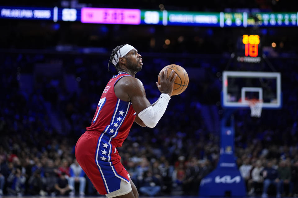 Philadelphia 76ers' Buddy Hield plays during an NBA basketball game, Friday, March 1, 2024, in Philadelphia. (AP Photo/Matt Slocum)